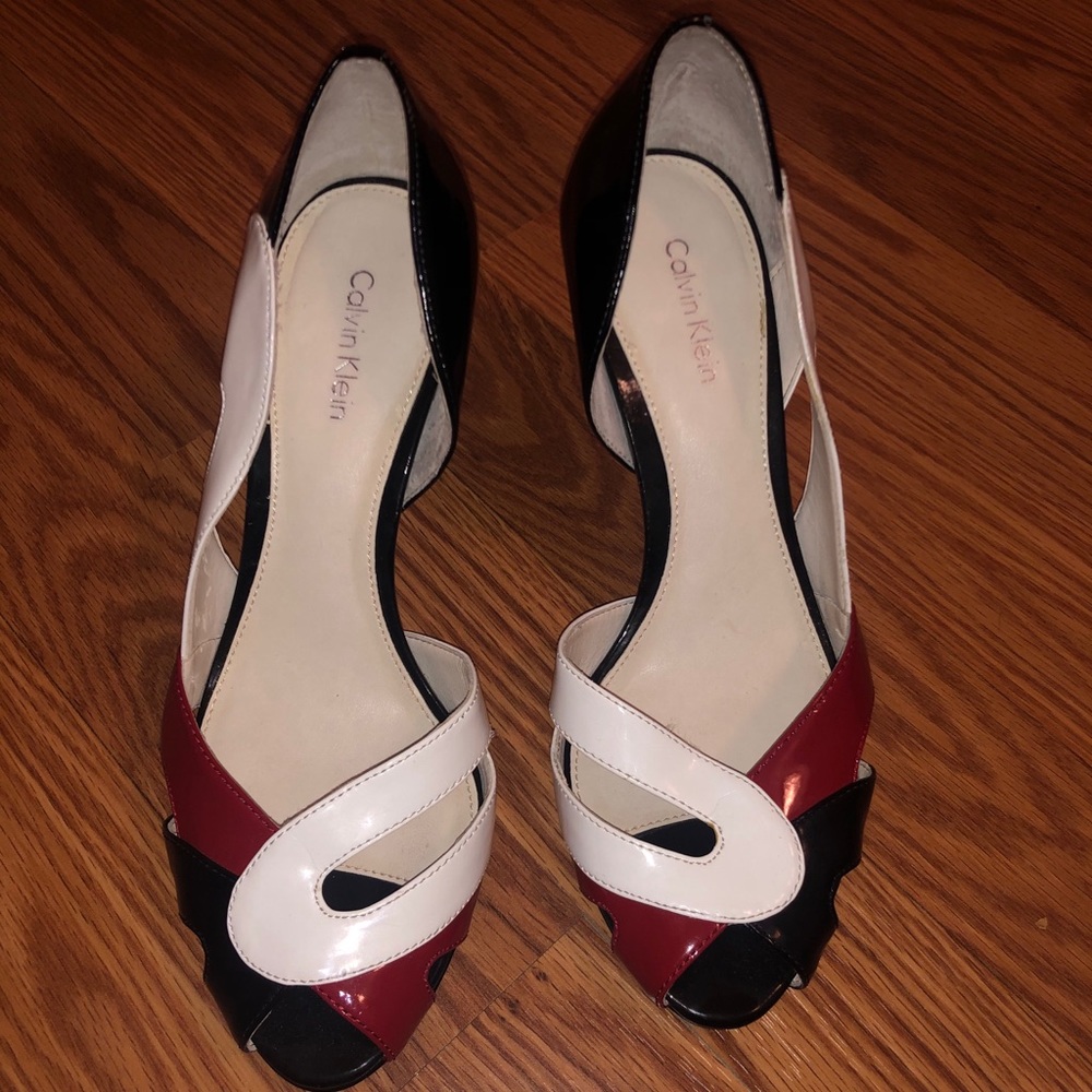 Calvin Klein Red Black, White Peep Toe Nila Heels